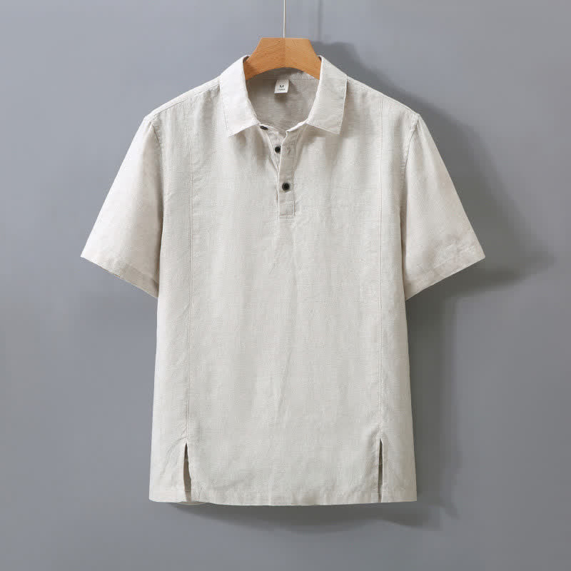 Buddha Stones Minimalistisches Sommerhemd aus einfarbigem Leinen mit Knopfleiste, Seitenschlitz und kurzen Ärmeln für Herren - Leinen - US/ UK/AU42, EU52 (3XL) - image 0