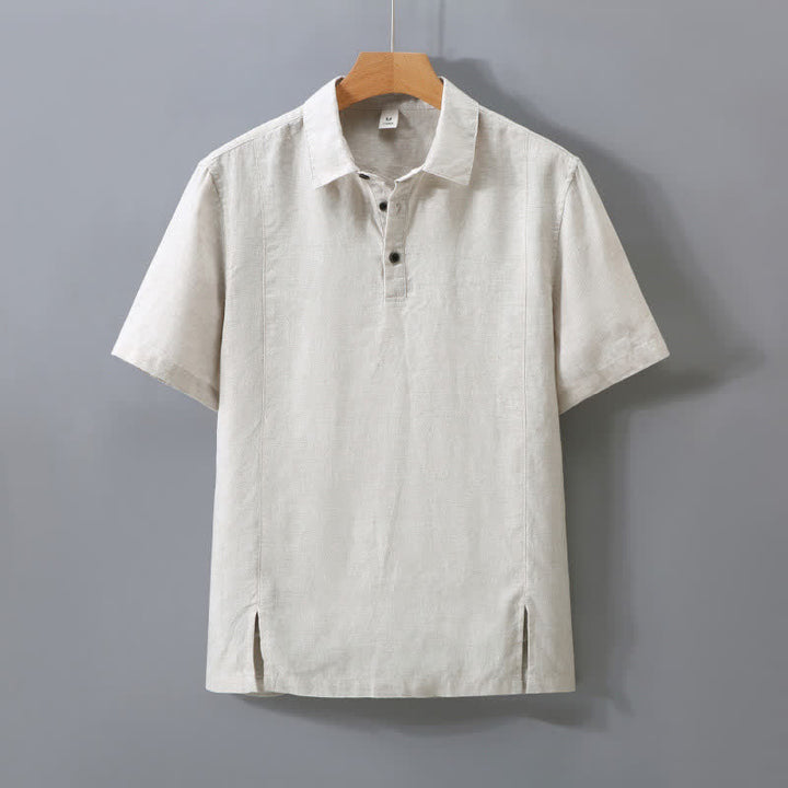 Buddha Stones Minimalistisches Sommerhemd aus einfarbigem Leinen mit Knopfleiste, Seitenschlitz und kurzen Ärmeln für Herren - Leinen - US/ UK/AU42, EU52 (3XL) - image 0