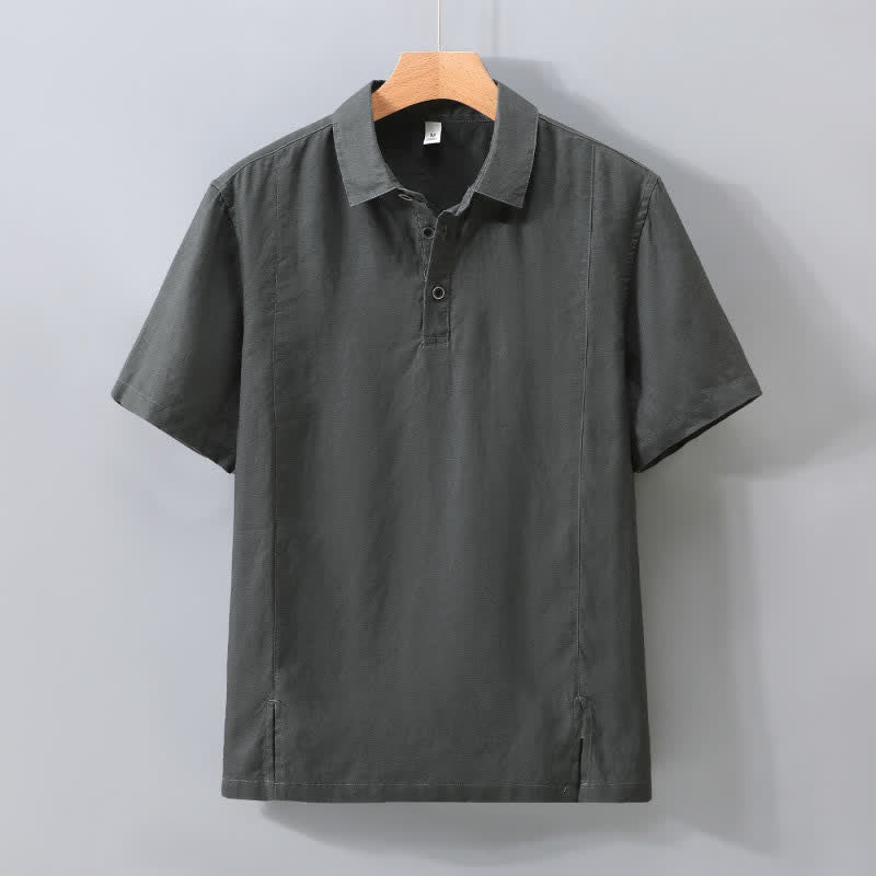 Buddha Stones Minimalistisches Sommerhemd aus einfarbigem Leinen mit Knopfleiste, Seitenschlitz und kurzen Ärmeln für Herren - DimGray - US/ UK/AU42, EU52 (3XL) - image 8