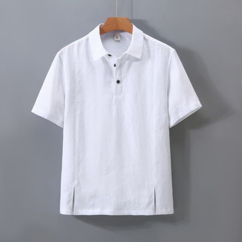 Buddha Stones Minimalistisches Sommerhemd aus einfarbigem Leinen mit Knopfleiste, Seitenschlitz und kurzen Ärmeln für Herren - Weiß - US/ UK/AU42, EU52 (3XL) - image 12