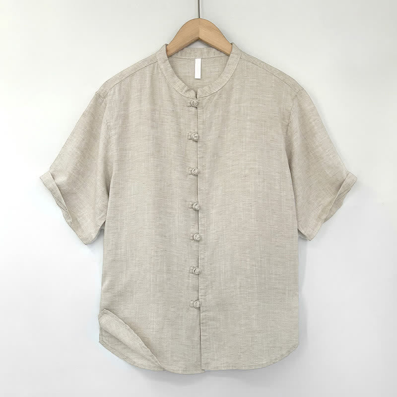 Buddha Stones Minimalistisches Sommerhemd mit Stehkragen und Froschknopfleiste, einfarbig, Kurzarm, für Herren - Beige - US/ UK/AU44, EU54 (4XL) - image 0
