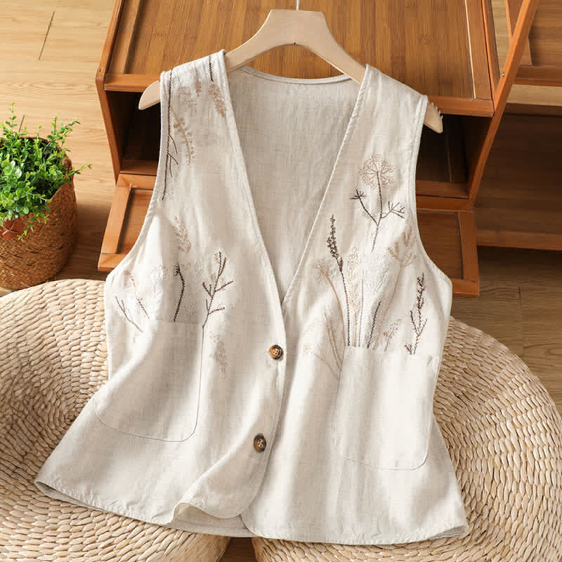 Buddha Stones Ärmelloses Sommer-Damenhemd mit Blumenstickerei und Taschen - Beige - US 8-10, UK/AU 12-14, EU 40-42 (2XL) - image 0