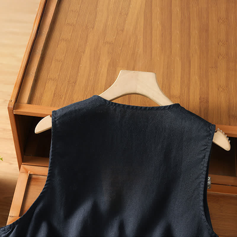 Buddha Stones Ärmelloses Sommer-Damenhemd mit Blumenstickerei und Taschen - image 11