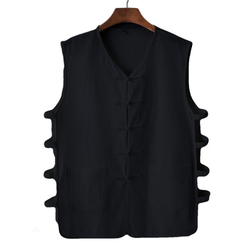 Buddha Stones Sommerliches ärmelloses Tanktop im Tang-Stil mit Froschknopfleiste, Seitenschlitz, Hohlsaum und Taschen für Herren - Schwarz - US/ UK/AU46, EU56 (5XL) - image 6