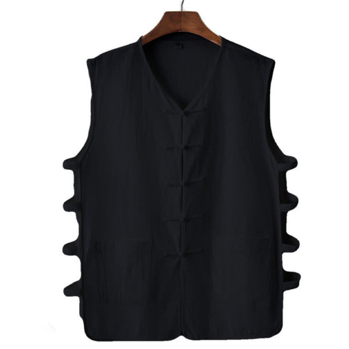 Buddha Stones Sommerliches ärmelloses Tanktop im Tang-Stil mit Froschknopfleiste, Seitenschlitz, Hohlsaum und Taschen für Herren - Schwarz - US/ UK/AU46, EU56 (5XL) - image 6