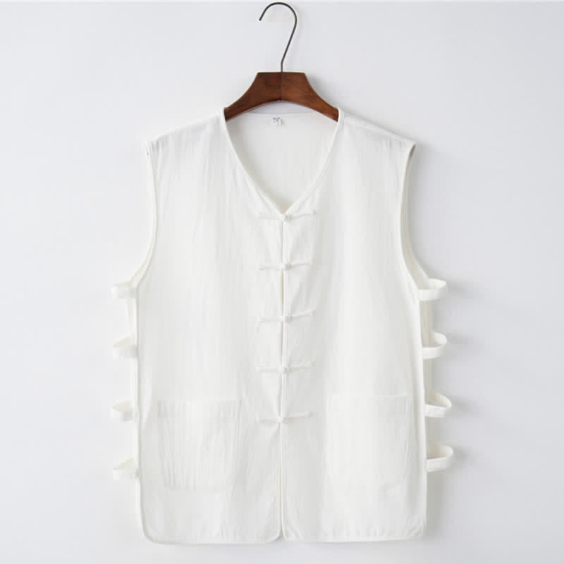 Buddha Stones Sommerliches ärmelloses Tanktop im Tang-Stil mit Froschknopfleiste, Seitenschlitz, Hohlsaum und Taschen für Herren - Weiß - US/ UK/AU46, EU56 (5XL) - image 7