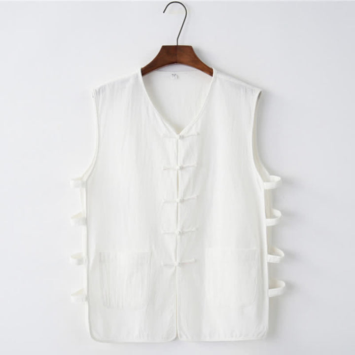 Buddha Stones Sommerliches ärmelloses Tanktop im Tang-Stil mit Froschknopfleiste, Seitenschlitz, Hohlsaum und Taschen für Herren - Weiß - US/ UK/AU46, EU56 (5XL) - image 7
