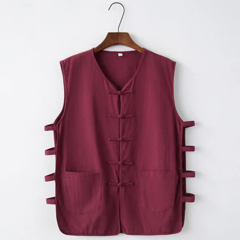 Buddha Stones Sommerliches ärmelloses Tanktop im Tang-Stil mit Froschknopfleiste, Seitenschlitz, Hohlsaum und Taschen für Herren - Kastanienbraun - US/ UK/AU46, EU56 (5XL) - image 5