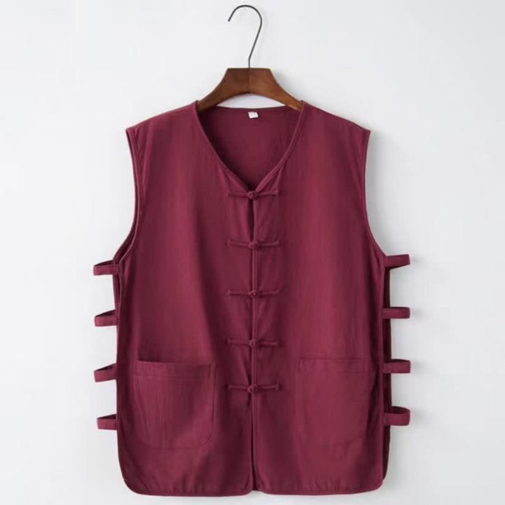 Buddha Stones Sommerliches ärmelloses Tanktop im Tang-Stil mit Froschknopfleiste, Seitenschlitz, Hohlsaum und Taschen für Herren - Kastanienbraun - US/ UK/AU46, EU56 (5XL) - image 5