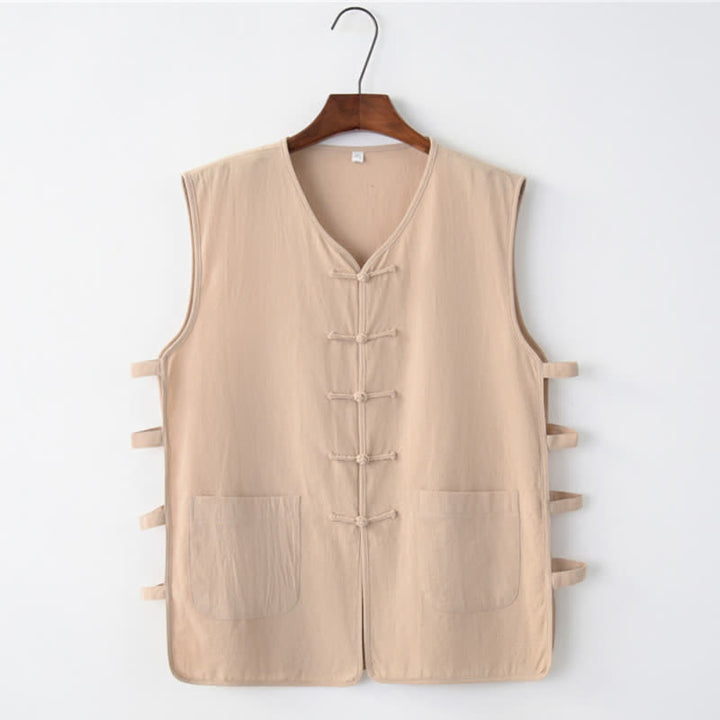 Buddha Stones Sommerliches ärmelloses Tanktop im Tang-Stil mit Froschknopfleiste, Seitenschlitz, Hohlsaum und Taschen für Herren - Bräunen - US/ UK/AU46, EU56 (5XL) - image 3