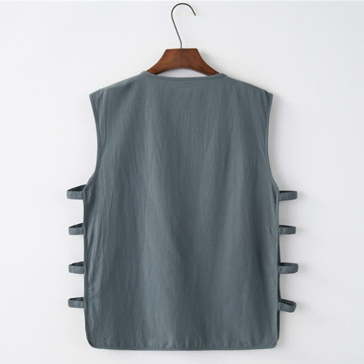 Buddha Stones Sommerliches ärmelloses Tanktop im Tang-Stil mit Froschknopfleiste, Seitenschlitz, Hohlsaum und Taschen für Herren - image 2