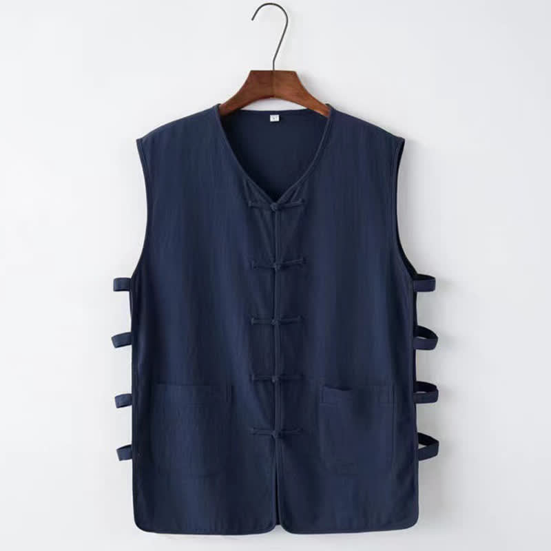 Buddha Stones Sommerliches ärmelloses Tanktop im Tang-Stil mit Froschknopfleiste, Seitenschlitz, Hohlsaum und Taschen für Herren - Marine - US/UK/AU46, EU56 (5XL) - image 0