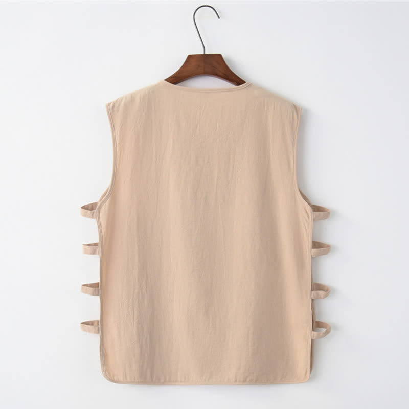 Buddha Stones Sommerliches ärmelloses Tanktop im Tang-Stil mit Froschknopfleiste, Seitenschlitz, Hohlsaum und Taschen für Herren - image 4