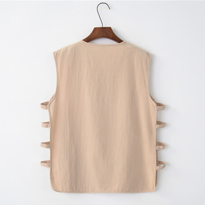 Buddha Stones Sommerliches ärmelloses Tanktop im Tang-Stil mit Froschknopfleiste, Seitenschlitz, Hohlsaum und Taschen für Herren - image 4