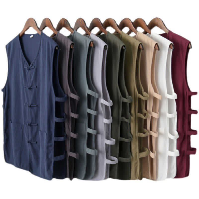 Buddha Stones Sommerliches ärmelloses Tanktop im Tang-Stil mit Froschknopfleiste, Seitenschlitz, Hohlsaum und Taschen für Herren - image 14