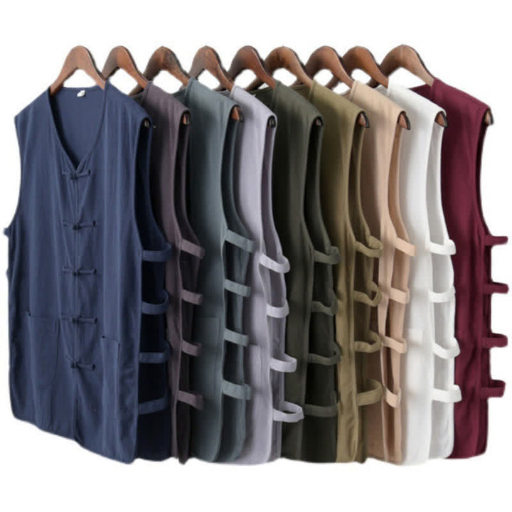 Buddha Stones Sommerliches ärmelloses Tanktop im Tang-Stil mit Froschknopfleiste, Seitenschlitz, Hohlsaum und Taschen für Herren - image 14