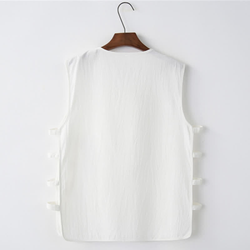 Buddha Stones Sommerliches ärmelloses Tanktop im Tang-Stil mit Froschknopfleiste, Seitenschlitz, Hohlsaum und Taschen für Herren - image 8