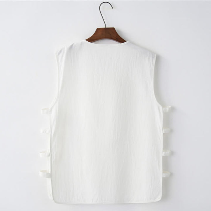 Buddha Stones Sommerliches ärmelloses Tanktop im Tang-Stil mit Froschknopfleiste, Seitenschlitz, Hohlsaum und Taschen für Herren - image 8