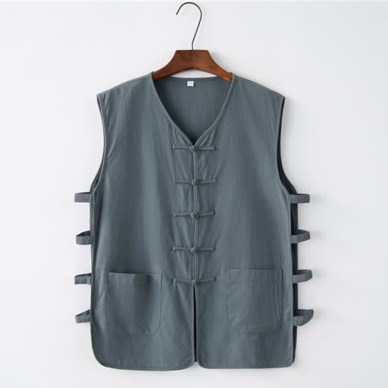 Buddha Stones Sommerliches ärmelloses Tanktop im Tang-Stil mit Froschknopfleiste, Seitenschlitz, Hohlsaum und Taschen für Herren - Dunkelgrün - US/UK/AU46, EU56 (5XL) - image 1