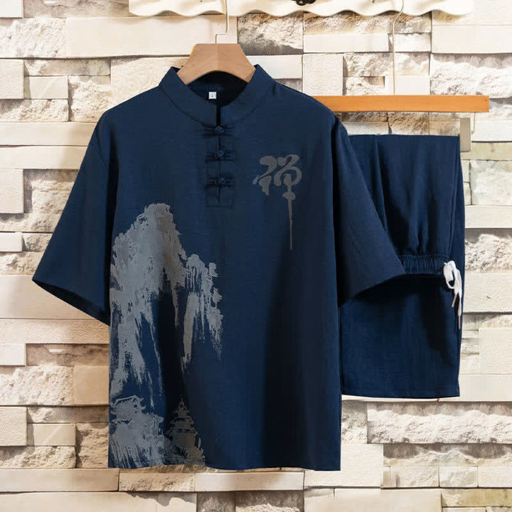 Buddha Stones Sommer 2-teiliges Set: Kurzarmhemd mit Stehkragen, Froschknopfleiste und Print, Bermuda-Hose, Herren-Meditationskleidung mit Taschen - Marine - US/UK/AU44, EU54 (4XL) - image 10