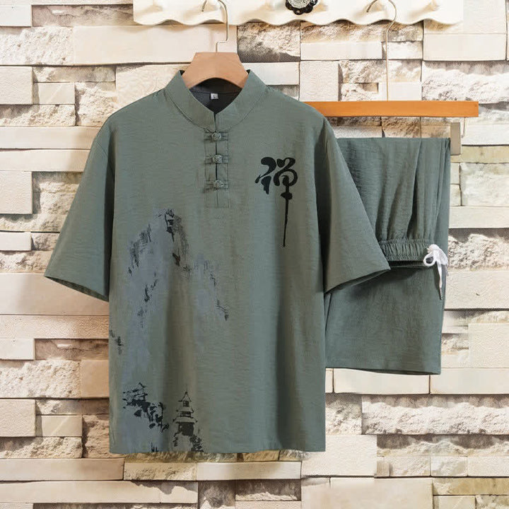 Buddha Stones Sommer 2-teiliges Set: Kurzarmhemd mit Stehkragen, Froschknopfleiste und Print, Bermuda-Hose, Herren-Meditationskleidung mit Taschen - Dunkelseegrün - US/UK/AU44, EU54 (4XL) - image 8