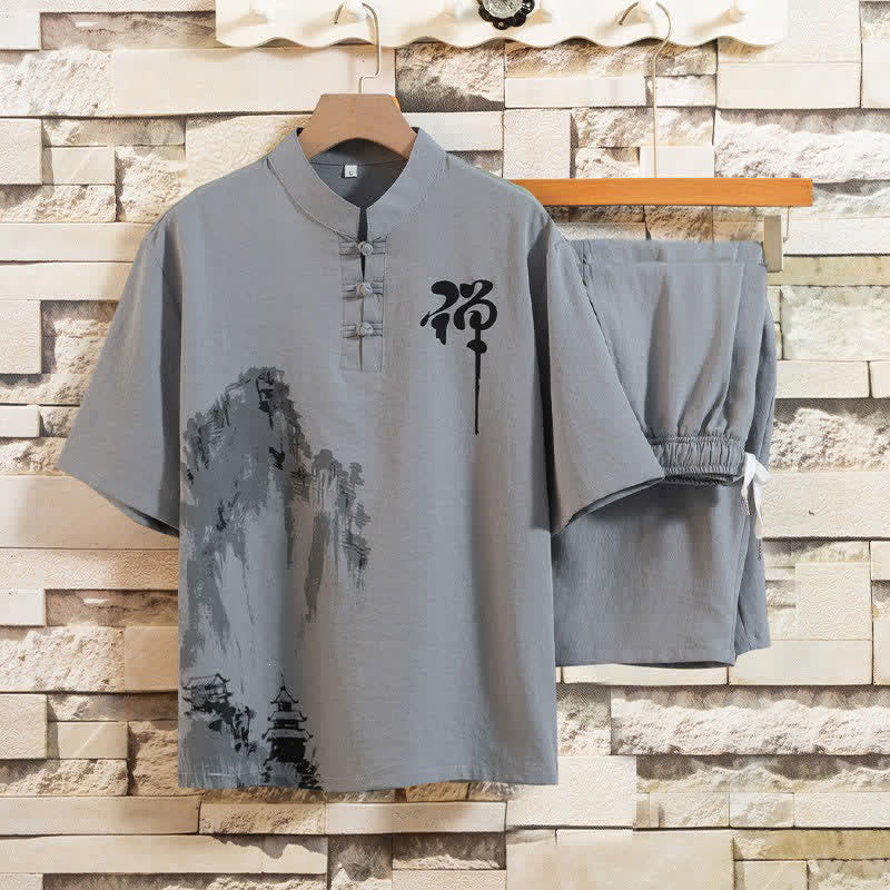 Buddha Stones Sommer 2-teiliges Set: Kurzarmhemd mit Stehkragen, Froschknopfleiste und Print, Bermuda-Hose, Herren-Meditationskleidung mit Taschen - Hellschiefergrau - US/UK/AU44, EU54 (4XL) - image 0