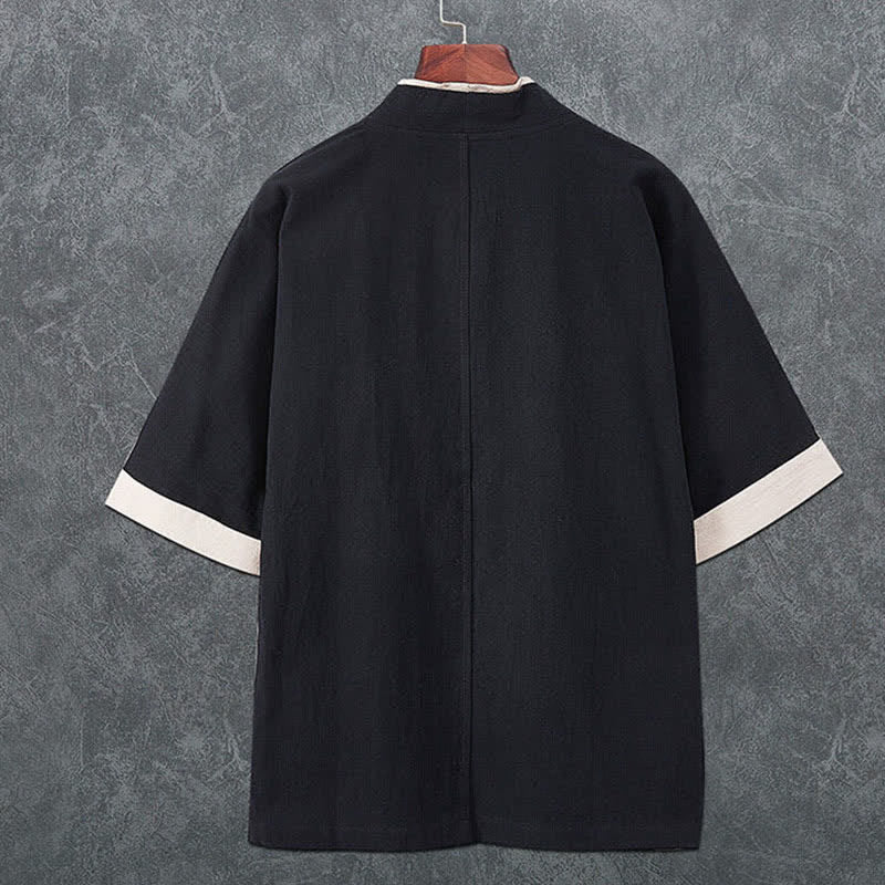 Buddha Stones Minimalistischer Sommerkimono für Herren mit V-Ausschnitt, Froschknopfleiste und kurzen Ärmeln - image 3