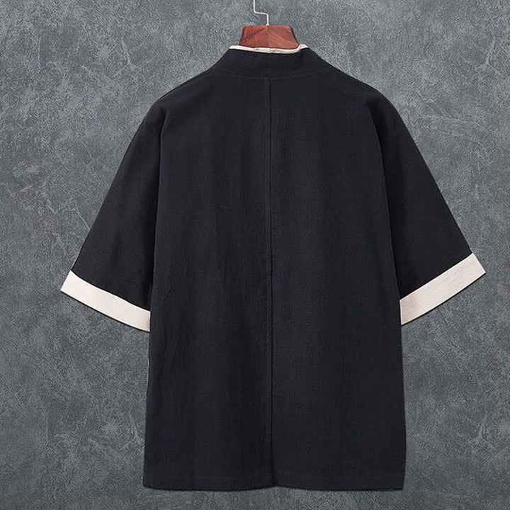 Buddha Stones Minimalistischer Sommerkimono für Herren mit V-Ausschnitt, Froschknopfleiste und kurzen Ärmeln - image 3