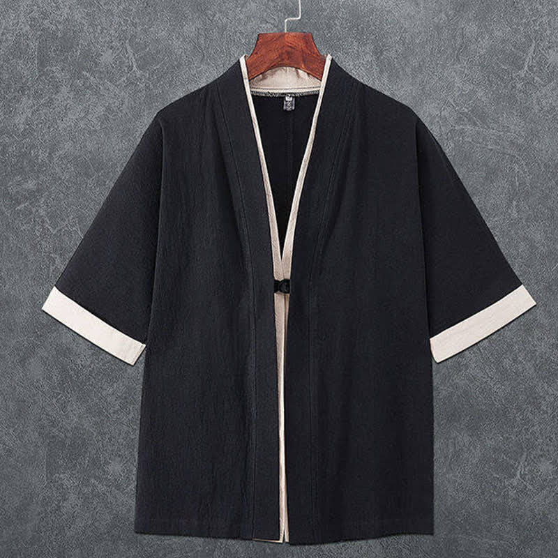 Buddha Stones Minimalistischer Sommerkimono für Herren mit V-Ausschnitt, Froschknopfleiste und kurzen Ärmeln - Schwarz - US/ UK/AU46, EU56 (5XL) - image 2