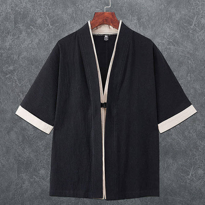 Buddha Stones Minimalistischer Sommerkimono für Herren mit V-Ausschnitt, Froschknopfleiste und kurzen Ärmeln - Schwarz - US/ UK/AU46, EU56 (5XL) - image 2