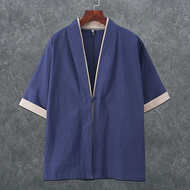 Buddha Stones Minimalistischer Sommerkimono für Herren mit V-Ausschnitt, Froschknopfleiste und kurzen Ärmeln - SteelBlue - US/ UK/AU46, EU56 (5XL) - image 0