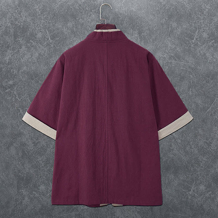 Buddha Stones Minimalistischer Sommerkimono für Herren mit V-Ausschnitt, Froschknopfleiste und kurzen Ärmeln - image 7