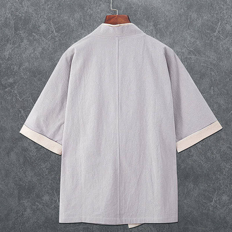 Buddha Stones Minimalistischer Sommerkimono für Herren mit V-Ausschnitt, Froschknopfleiste und kurzen Ärmeln - image 5