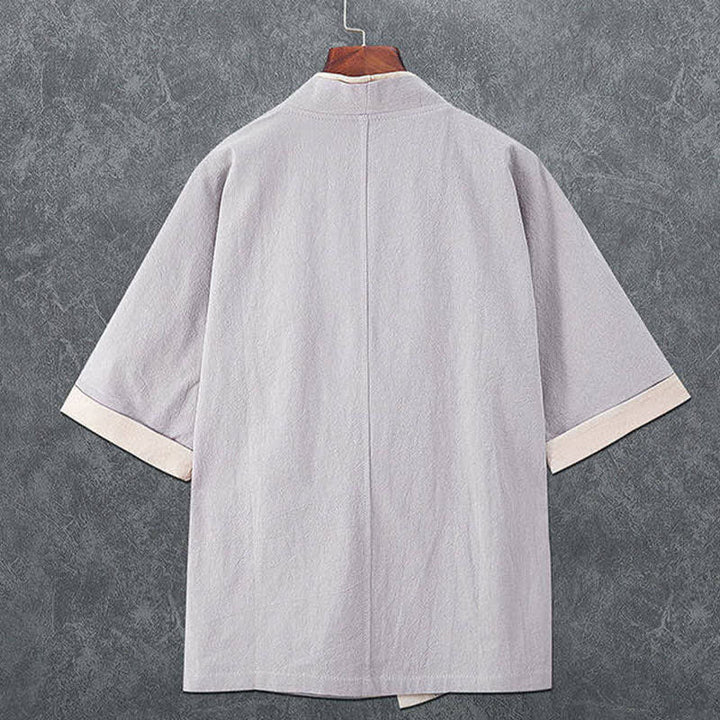 Buddha Stones Minimalistischer Sommerkimono für Herren mit V-Ausschnitt, Froschknopfleiste und kurzen Ärmeln - image 5