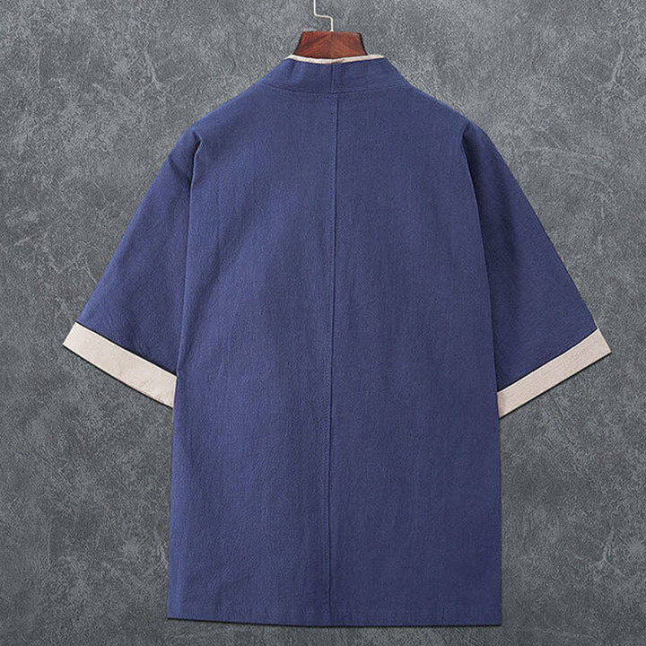 Buddha Stones Minimalistischer Sommerkimono für Herren mit V-Ausschnitt, Froschknopfleiste und kurzen Ärmeln - image 1
