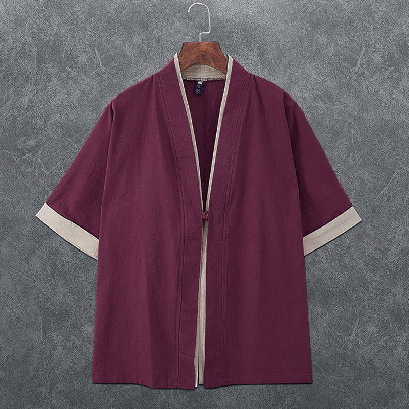 Buddha Stones Minimalistischer Sommerkimono für Herren mit V-Ausschnitt, Froschknopfleiste und kurzen Ärmeln - Kastanienbraun - US/ UK/AU46, EU56 (5XL) - image 6