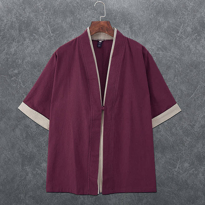 Buddha Stones Minimalistischer Sommerkimono für Herren mit V-Ausschnitt, Froschknopfleiste und kurzen Ärmeln - Kastanienbraun - US/ UK/AU46, EU56 (5XL) - image 6