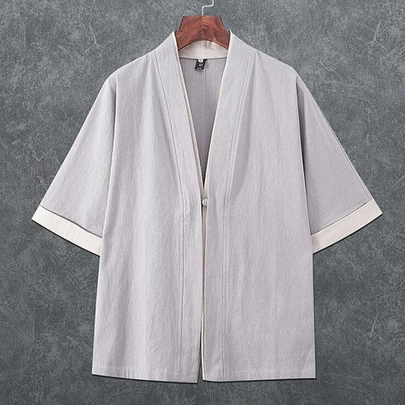 Buddha Stones Minimalistischer Sommerkimono für Herren mit V-Ausschnitt, Froschknopfleiste und kurzen Ärmeln - Hellgrau - US/ UK/AU46, EU56 (5XL) - image 4