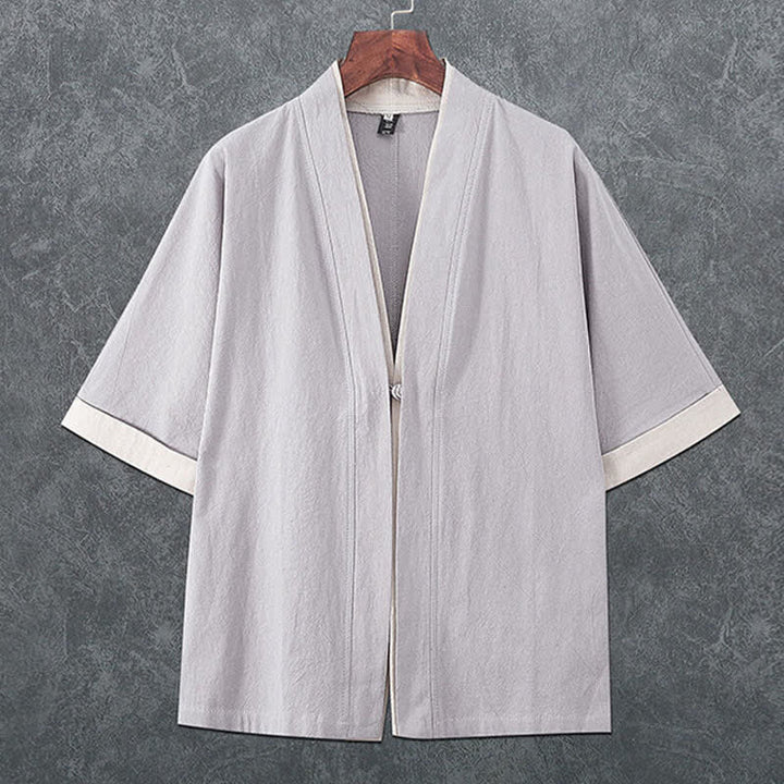 Buddha Stones Minimalistischer Sommerkimono für Herren mit V-Ausschnitt, Froschknopfleiste und kurzen Ärmeln - Hellgrau - US/ UK/AU46, EU56 (5XL) - image 4
