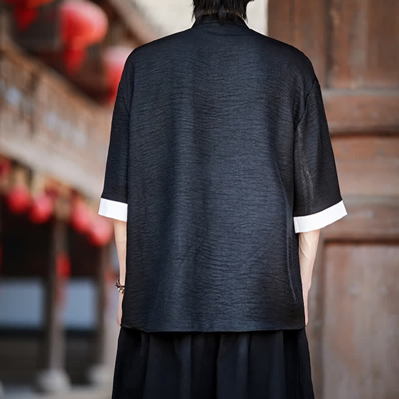 Buddha Stones Sommerliches Herrenhemd im Tang-Stil mit Stehkragen, Froschknopfleiste und Ellbogenlänge - image 11