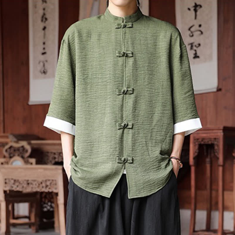 Buddha Stones Sommerliches Herrenhemd im Tang-Stil mit Stehkragen, Froschknopfleiste und Ellbogenlänge - Olivgrün - US/ UK/AU46, EU56 (5XL) - image 0