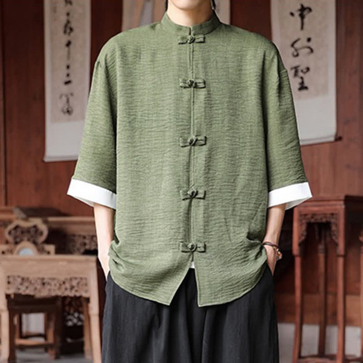 Buddha Stones Sommerliches Herrenhemd im Tang-Stil mit Stehkragen, Froschknopfleiste und Ellbogenlänge - Olivgrün - US/ UK/AU46, EU56 (5XL) - image 0