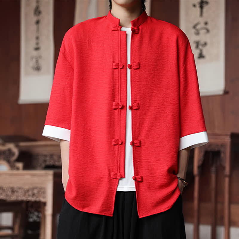 Buddha Stones Sommerliches Herrenhemd im Tang-Stil mit Stehkragen, Froschknopfleiste und Ellbogenlänge - Purpurrot - US/ UK/AU46, EU56 (5XL) - image 22