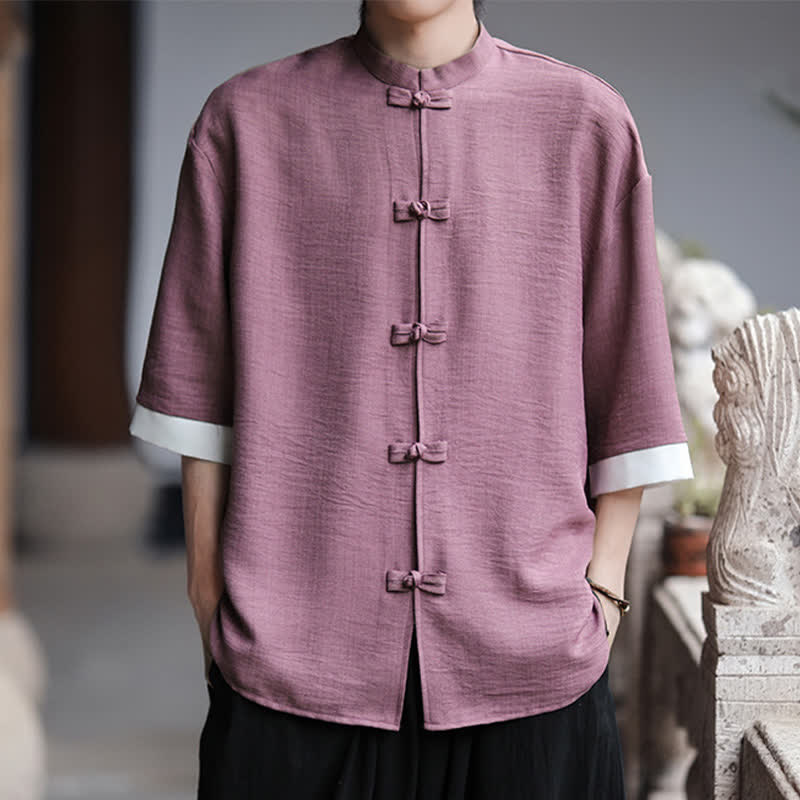 Buddha Stones Sommerliches Herrenhemd im Tang-Stil mit Stehkragen, Froschknopfleiste und Ellbogenlänge - Pflaume - US/ UK/AU46, EU56 (5XL) - image 15