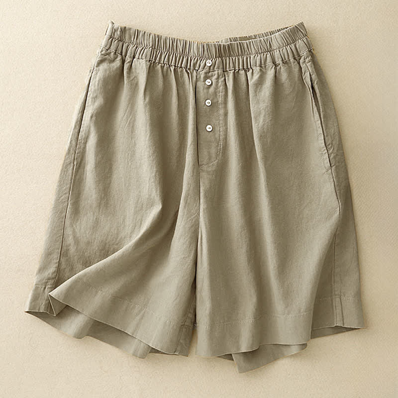 Buddha Stones Minimalistische, einfarbige Damen-Shorts mit Knopfleiste, elastischem Bund und Taschen für den Sommer - Dunkelkhaki - US12, UK/AU16, EU44 (2XL) - image 0