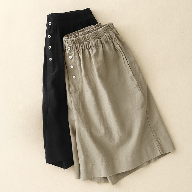 Buddha Stones Minimalistische, einfarbige Damen-Shorts mit Knopfleiste, elastischem Bund und Taschen für den Sommer - image 16