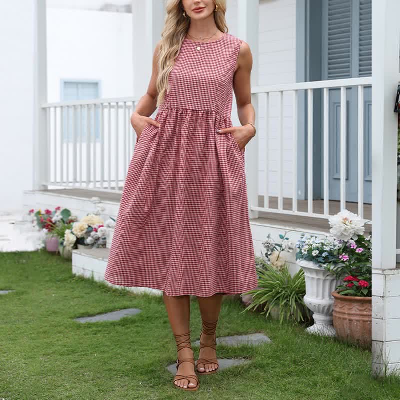 Buddha Stones Sommerliches, lässiges, kariertes Baumwollkleid für Damen, ärmellos mit Taschen - image 1
