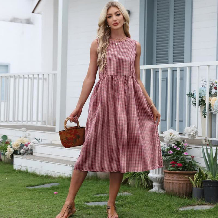 Buddha Stones Sommerliches, lässiges, kariertes Baumwollkleid für Damen, ärmellos mit Taschen - image 2