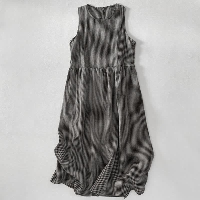 Buddha Stones Sommerliches, lässiges, kariertes Baumwollkleid für Damen, ärmellos mit Taschen - image 10