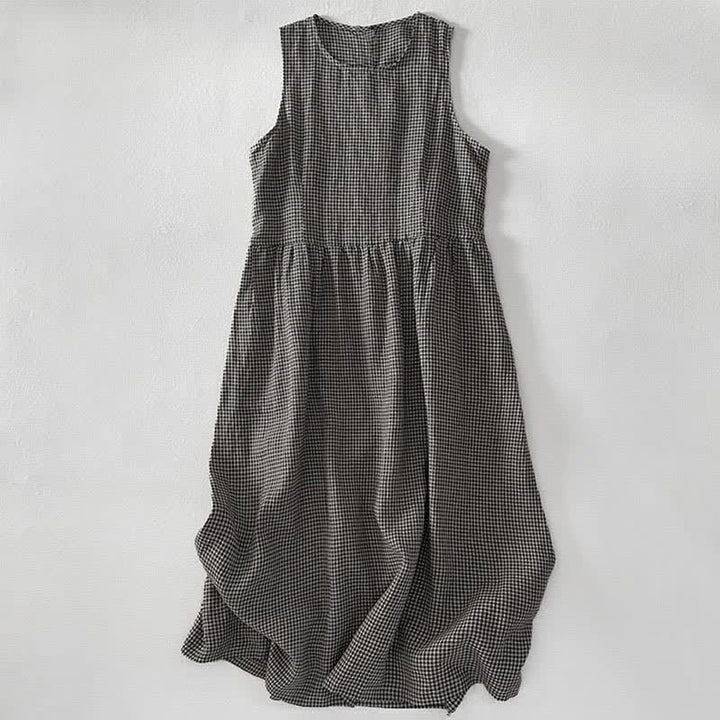 Buddha Stones Sommerliches, lässiges, kariertes Baumwollkleid für Damen, ärmellos mit Taschen - image 10